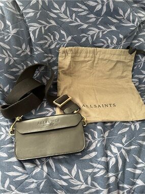 AllSaints Black Leather Mini Crossbody Pouch with Gold Hardware